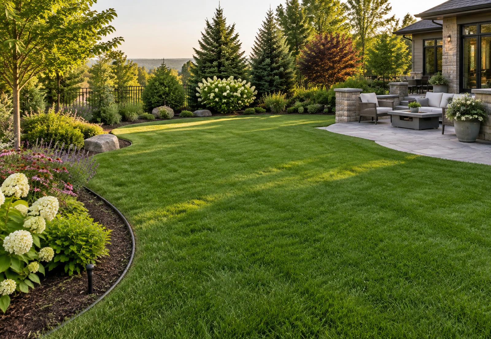 Example landscaped backyard with lawn, planting beds, shrubs, edging, sprinkler, and patio